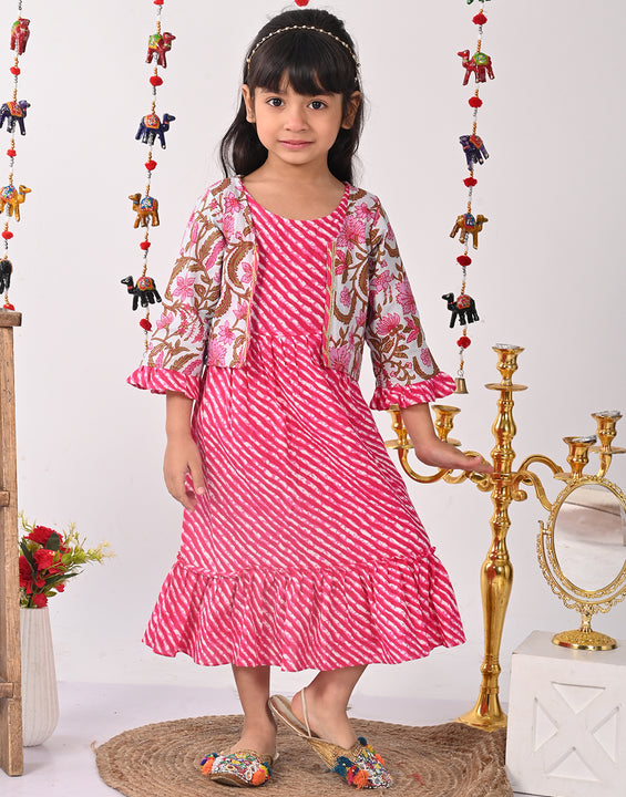 Pink  lehriya Dress with printed  jacket