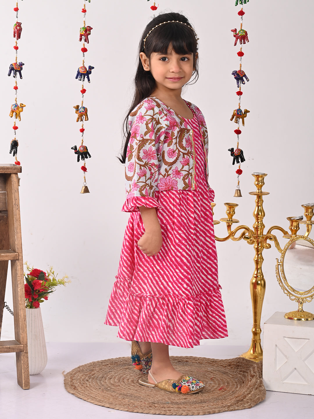 Pink  lehriya Dress with printed  jacket