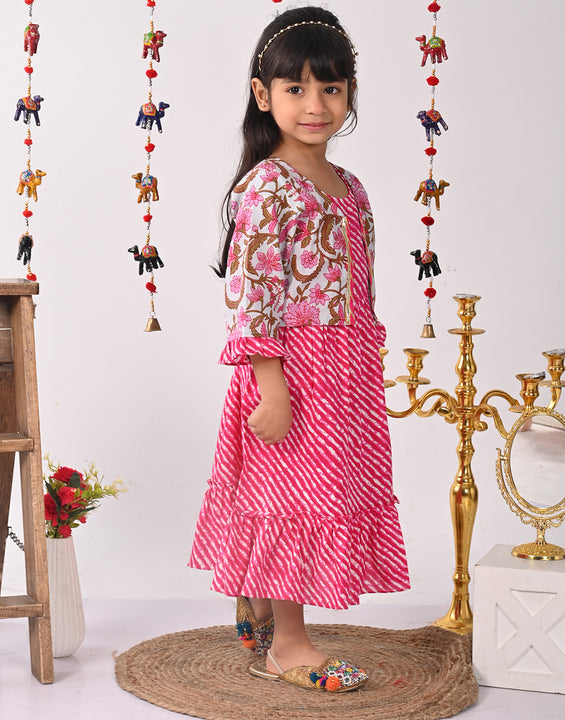 Pink  lehriya Dress with printed  jacket