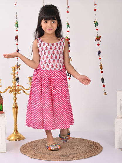 Pink  lehriya Dress with patchwork