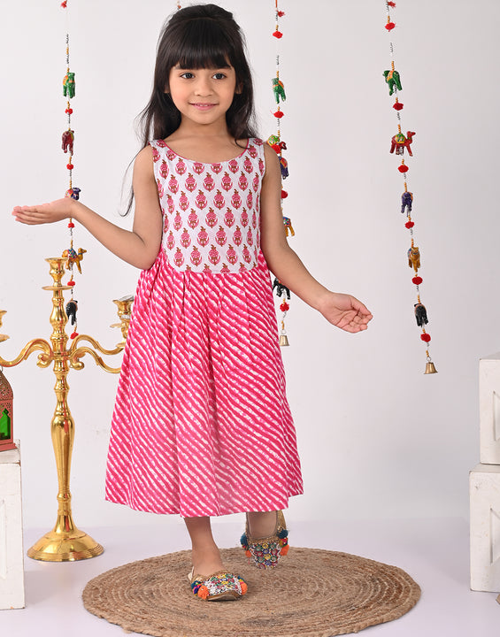 Pink  lehriya Dress with patchwork