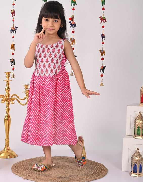 Pink  lehriya Dress with patchwork