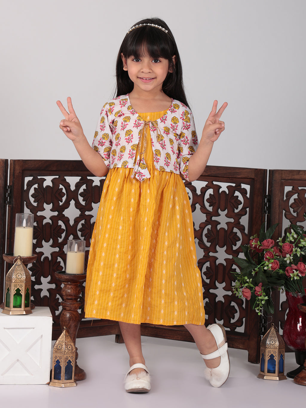 Yellow Sleeveless Dress with white 3/4 Sleeve Printed Jacket