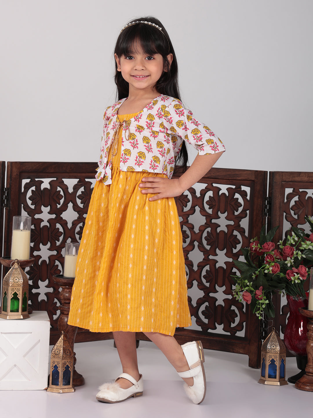 Yellow Sleeveless Dress with white 3/4 Sleeve Printed Jacket