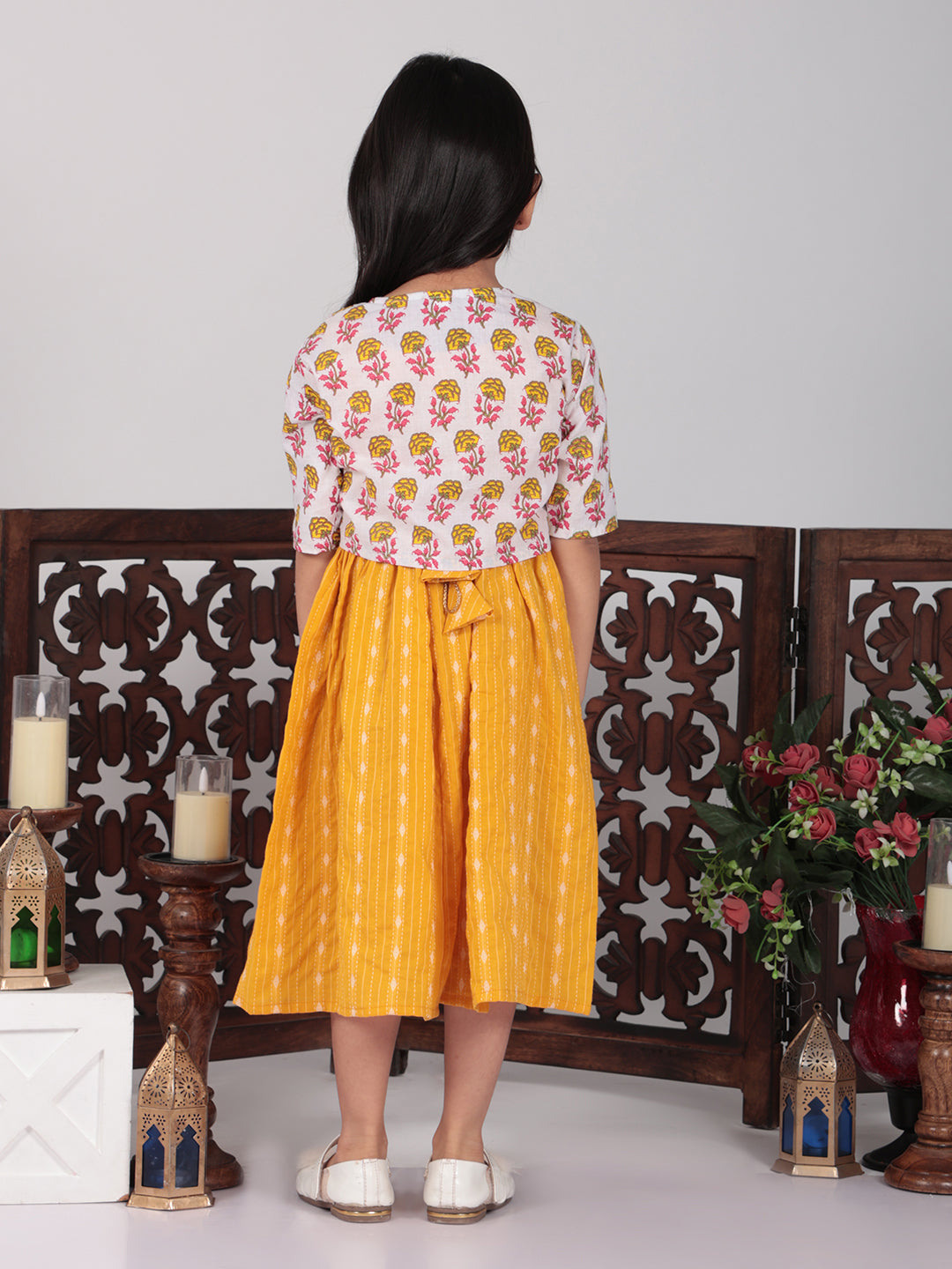 Yellow Sleeveless Dress with white 3/4 Sleeve Printed Jacket