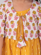 Yellow Sleeveless Dress with white 3/4 Sleeve Printed Jacket