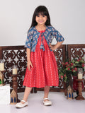 Red  Dress with blue printed  jacket
