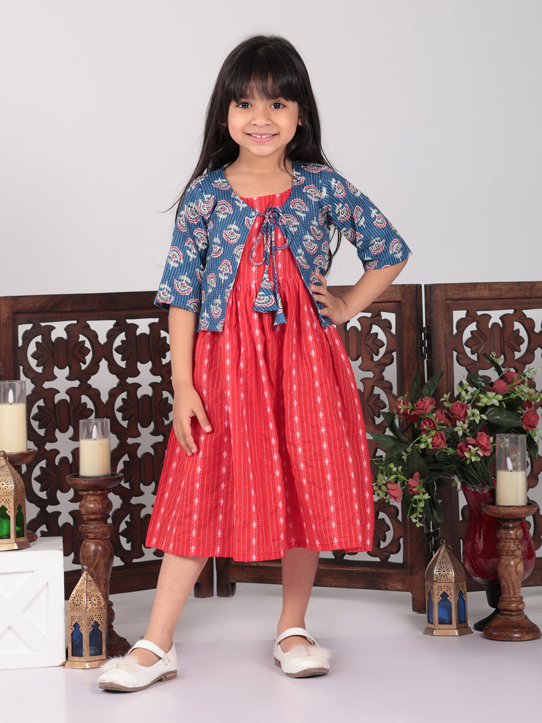 Red Sleeveless Dress with Blue 3/4 Sleeve Jacket