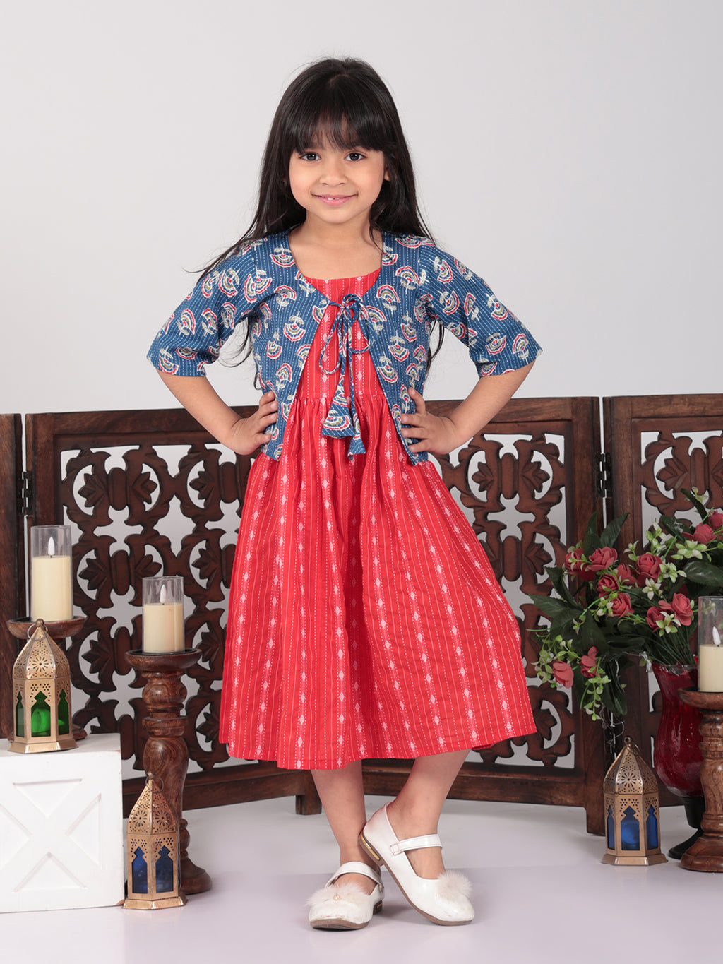 Red Sleeveless Dress with Blue 3/4 Sleeve Jacket