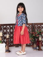 Red  Dress with blue printed  jacket