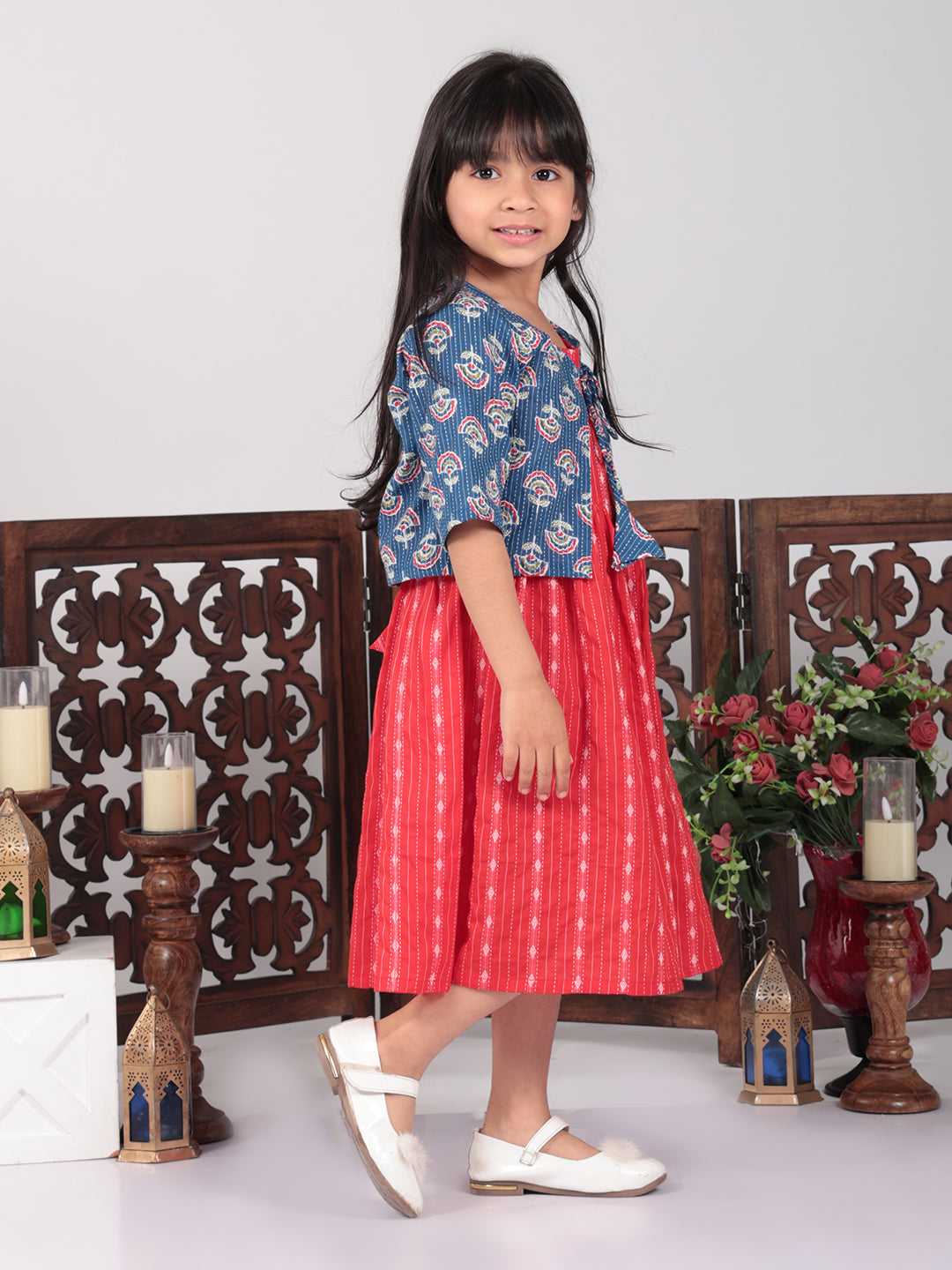 Red  Dress with blue printed  jacket