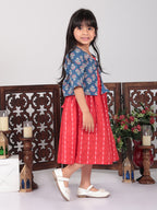 Red Sleeveless Dress with Blue 3/4 Sleeve Jacket