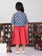 Red  Dress with blue printed  jacket