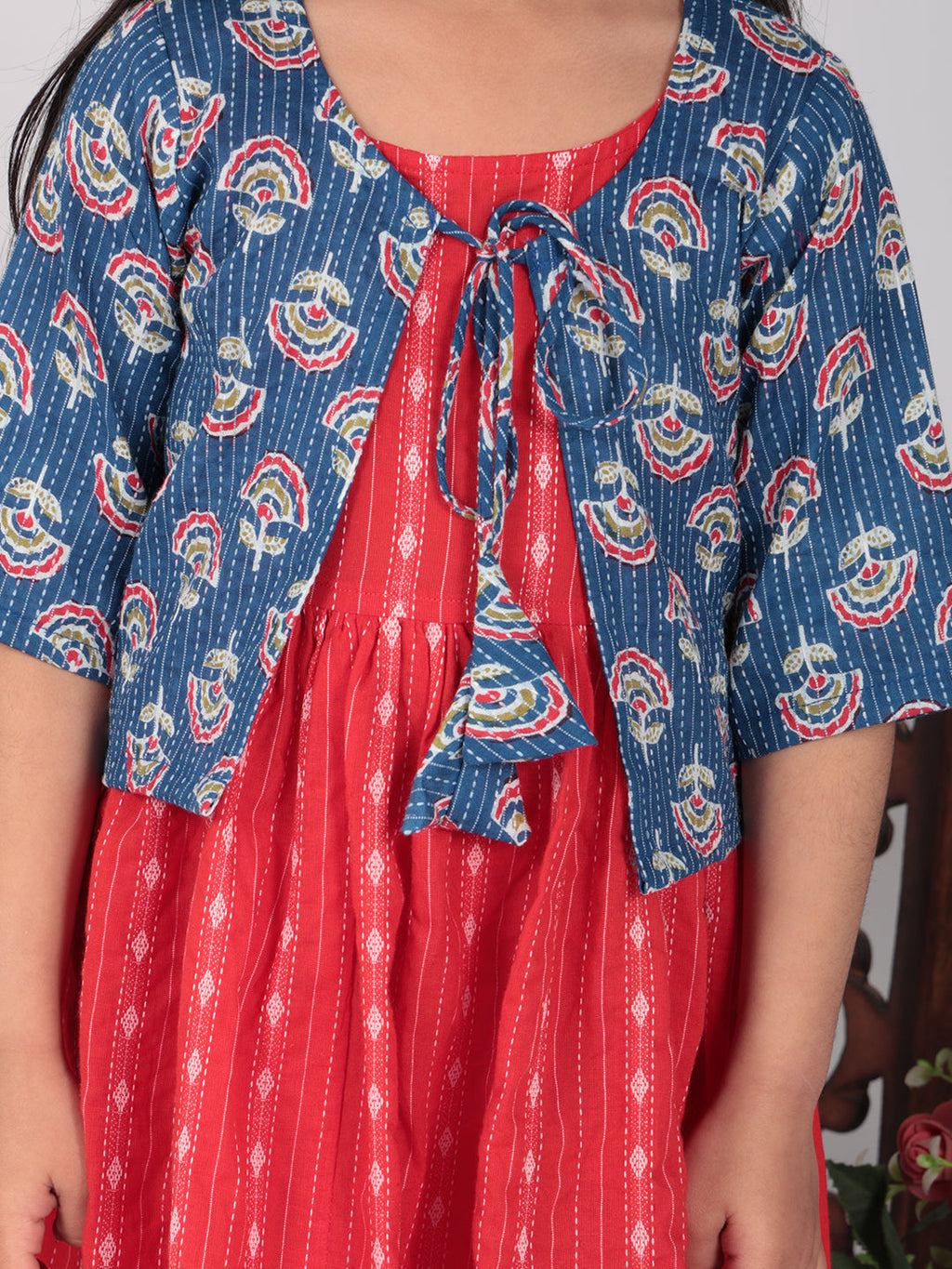 Red  Dress with blue printed  jacket
