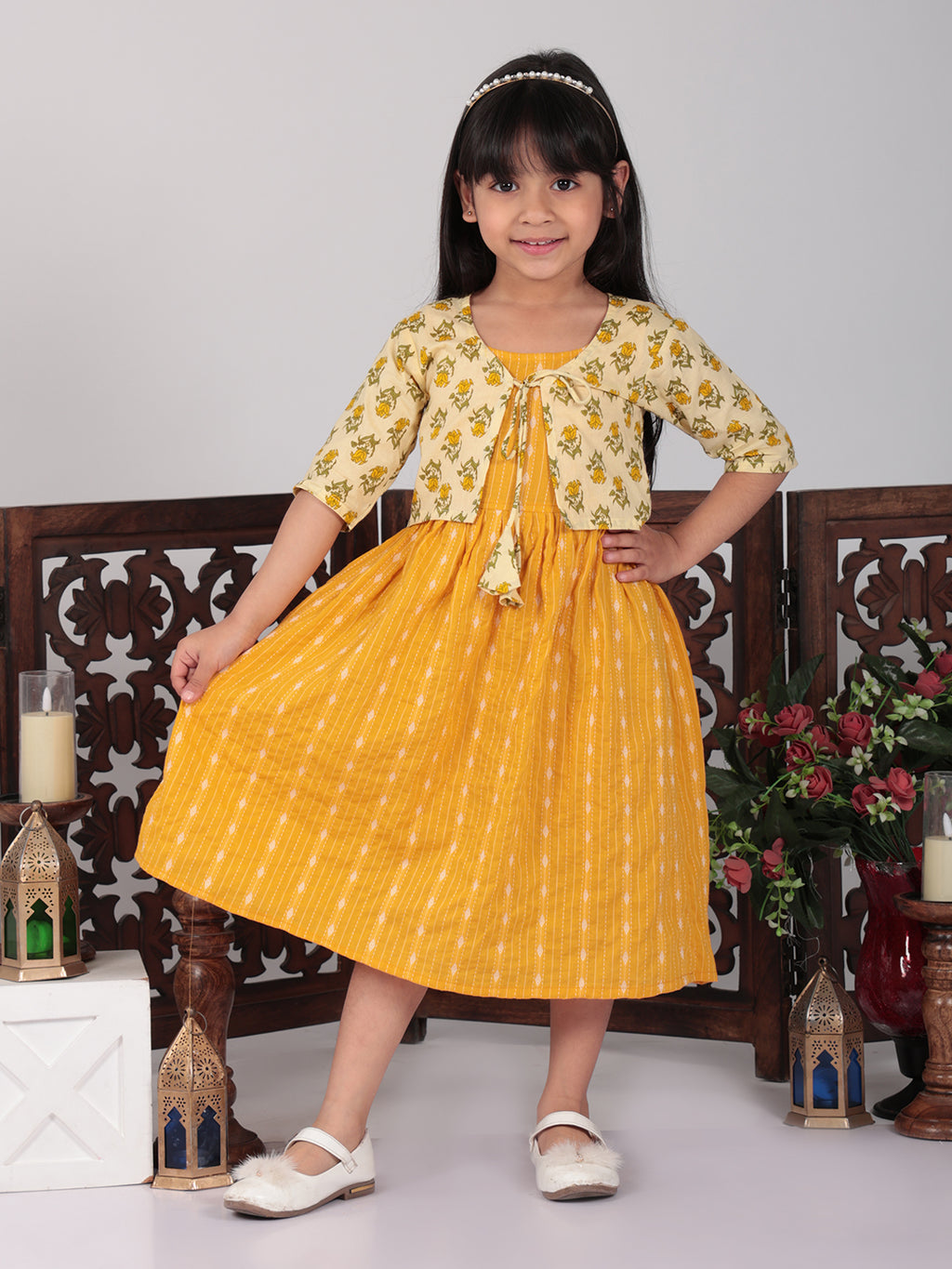 Yellow Sleeveless Dress with Yellow 3/4 Sleeve Printed Jacket