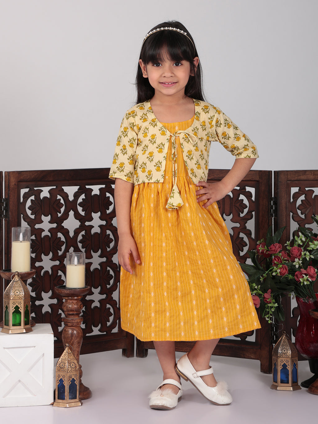Yellow Sleeveless Dress with Yellow 3/4 Sleeve Printed Jacket