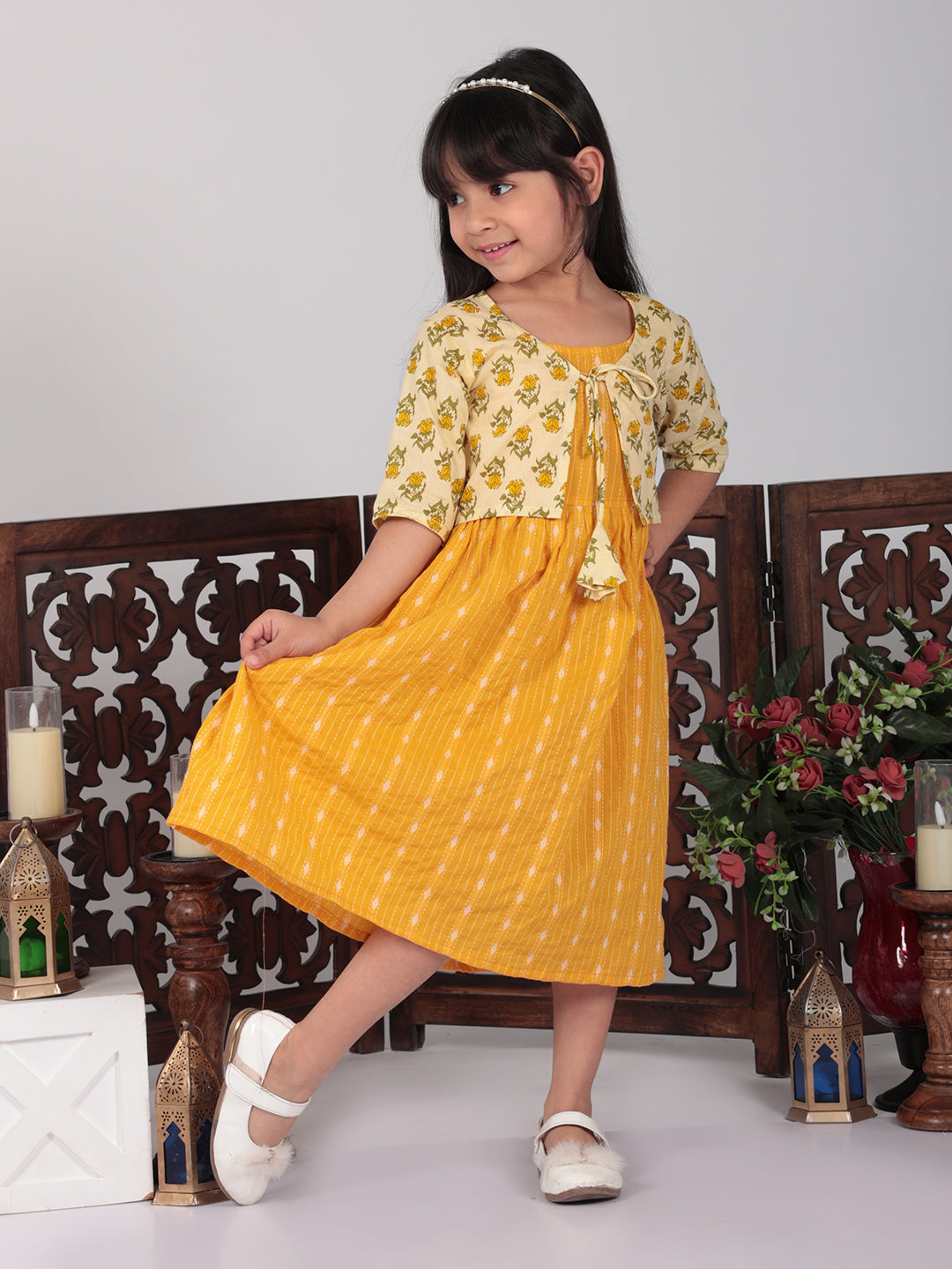 Yellow Sleeveless Dress with Yellow 3/4 Sleeve Printed Jacket