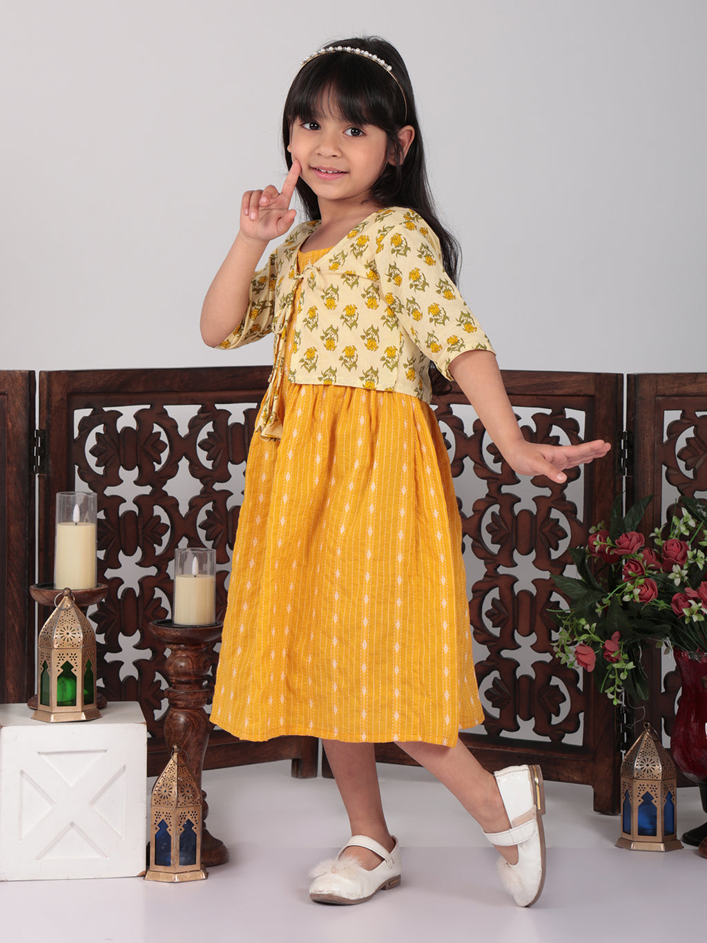 Yellow Sleeveless Dress with Yellow 3/4 Sleeve Printed Jacket