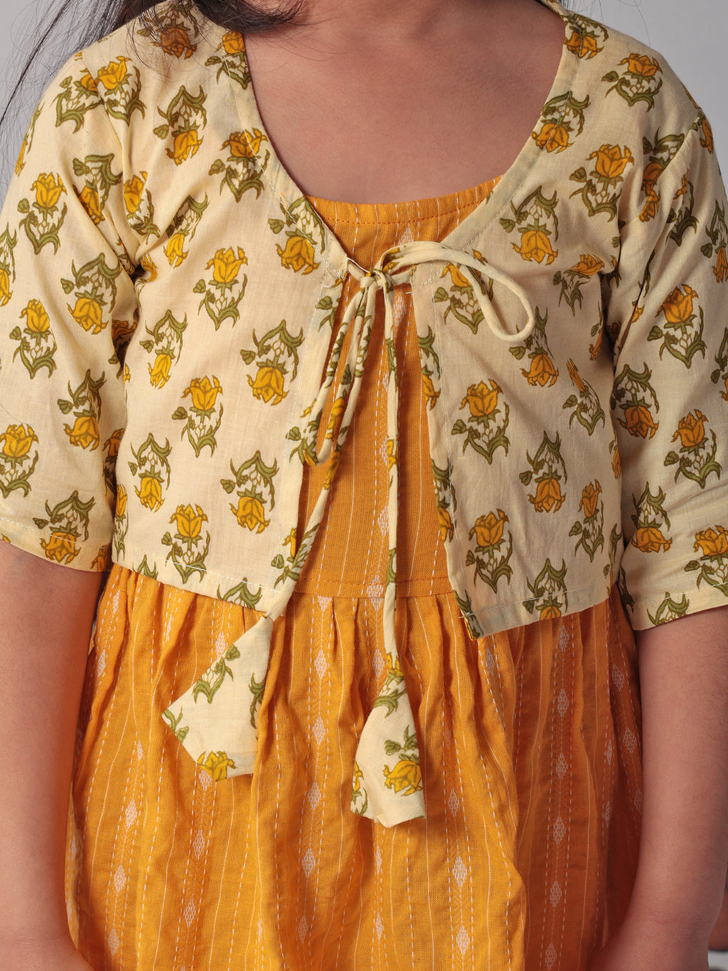 Yellow Sleeveless Dress with Yellow 3/4 Sleeve Printed Jacket