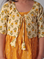 Yellow Sleeveless Dress with Yellow 3/4 Sleeve Printed Jacket