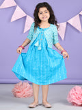 Blue Sleeveless Dress with Blue 3/4 Sleeve Printed Jacket