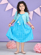 Blue Sleeveless Dress with Blue 3/4 Sleeve Printed Jacket
