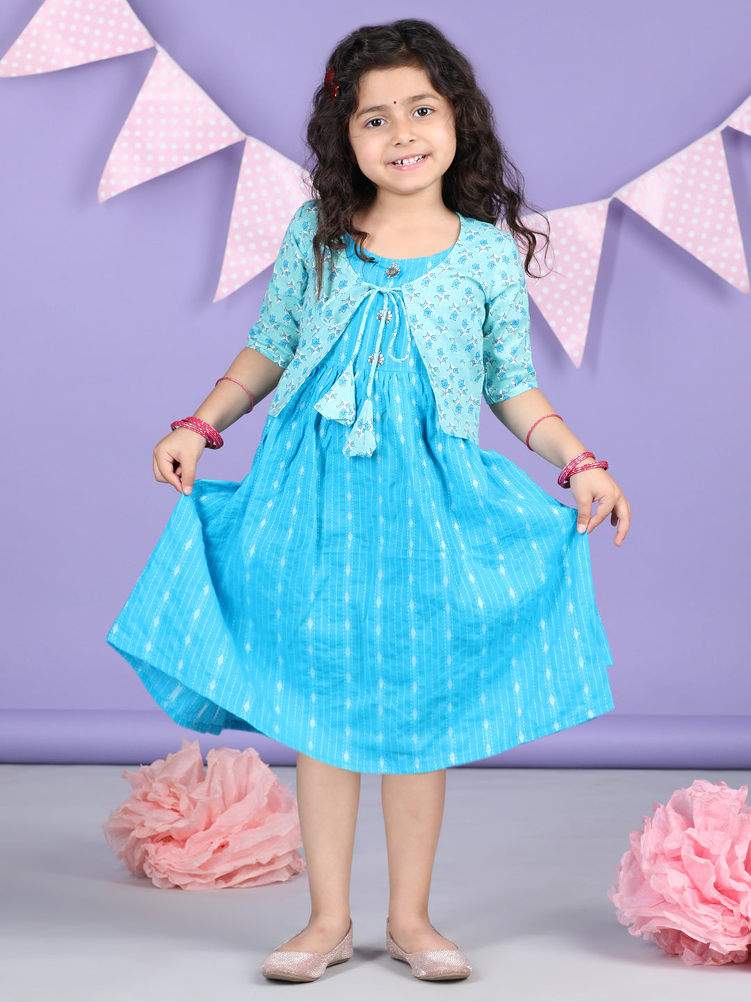 Blue Sleeveless Dress with Blue 3/4 Sleeve Printed Jacket