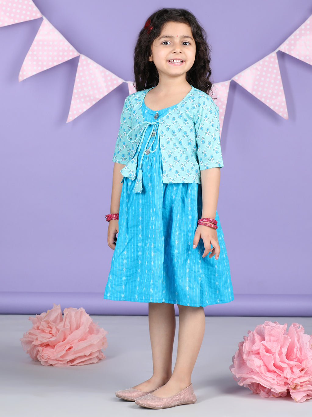 Blue Sleeveless Dress with Blue 3/4 Sleeve Printed Jacket