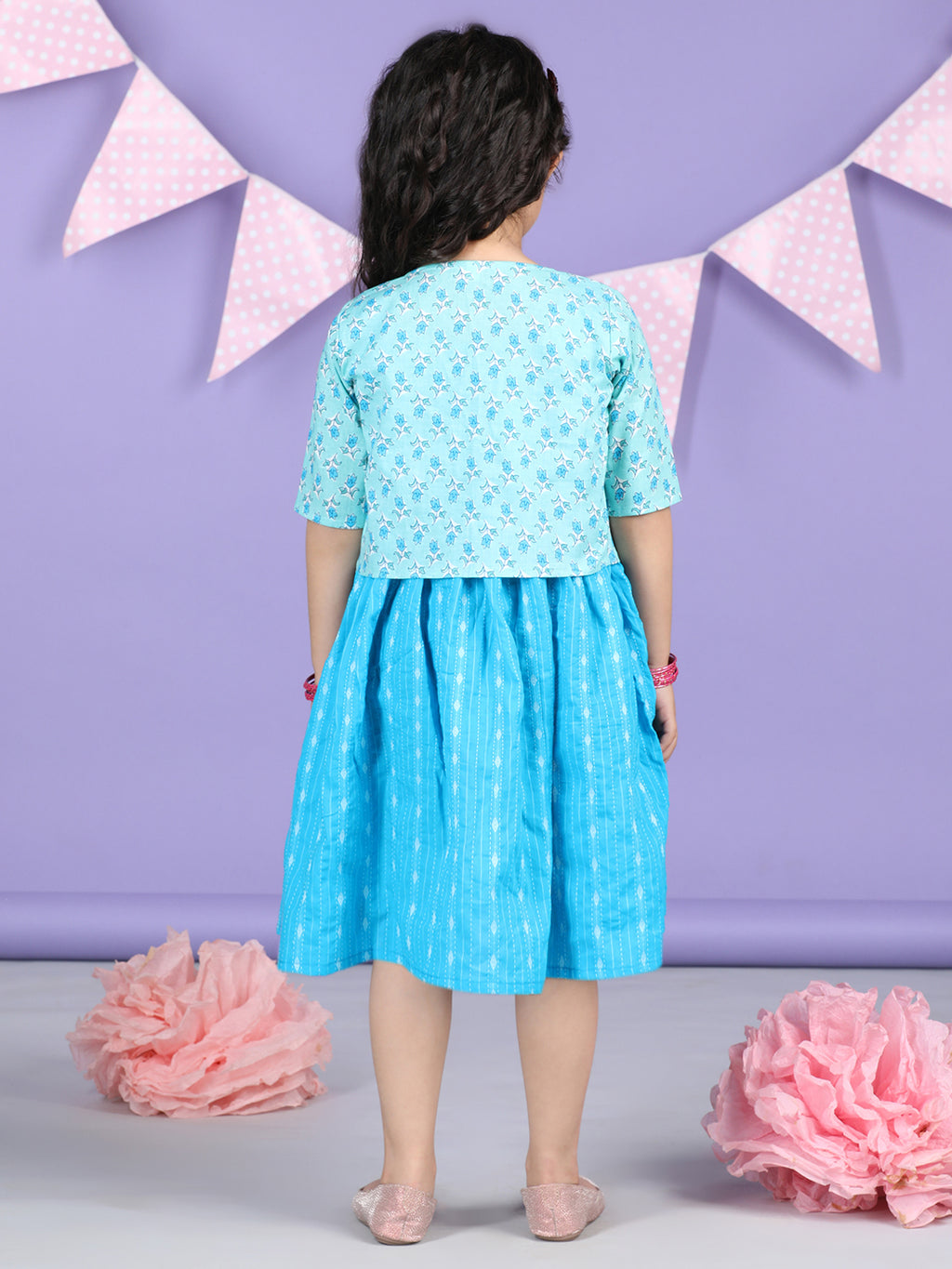 Blue Sleeveless Dress with Blue 3/4 Sleeve Printed Jacket