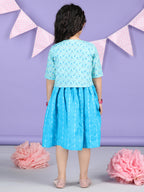 Blue Sleeveless Dress with Blue 3/4 Sleeve Printed Jacket