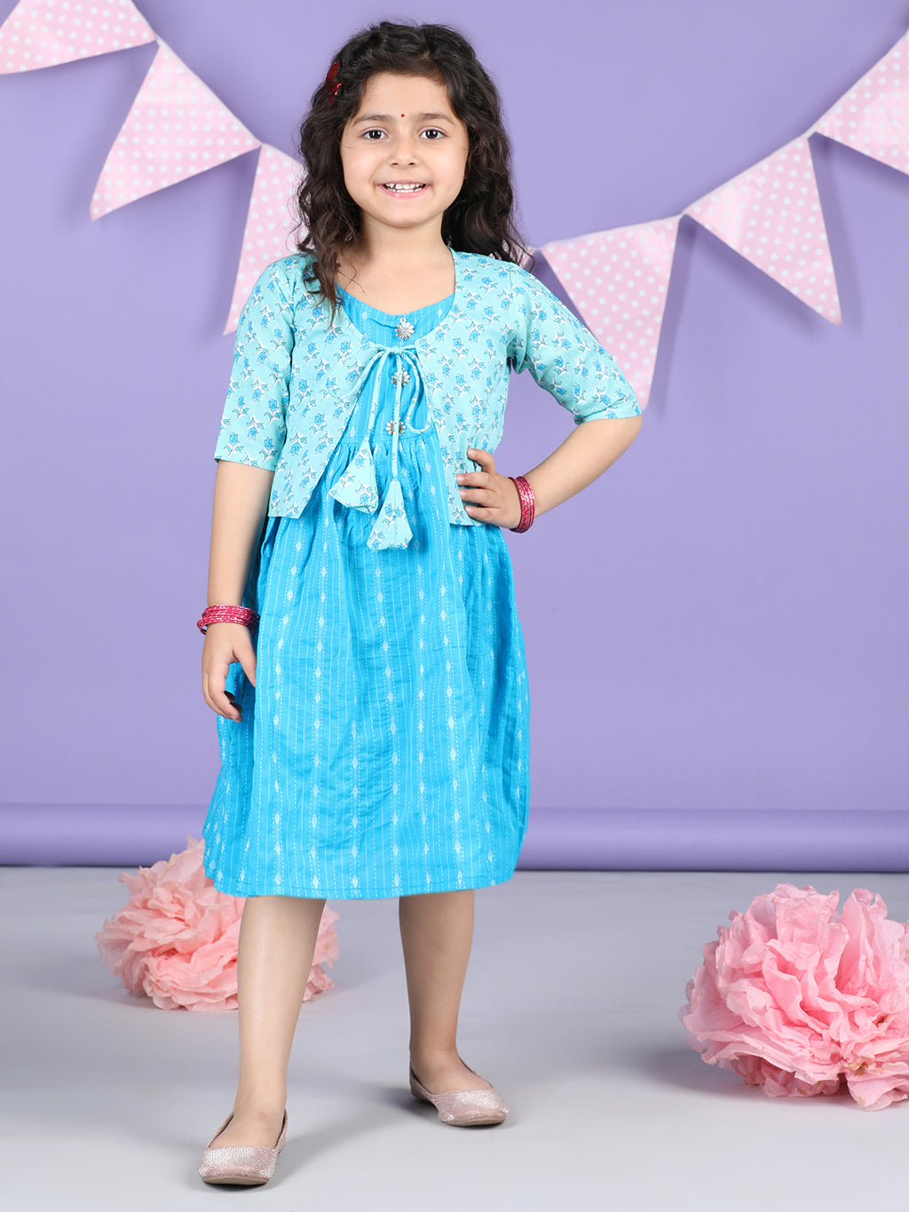 Blue Sleeveless Dress with Blue 3/4 Sleeve Printed Jacket