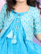 Blue Sleeveless Dress with Blue 3/4 Sleeve Printed Jacket