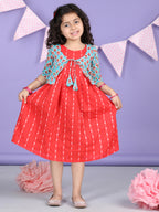 Red Sleeveless Dress with Sky 3/4 Sleeve Printed Jacket