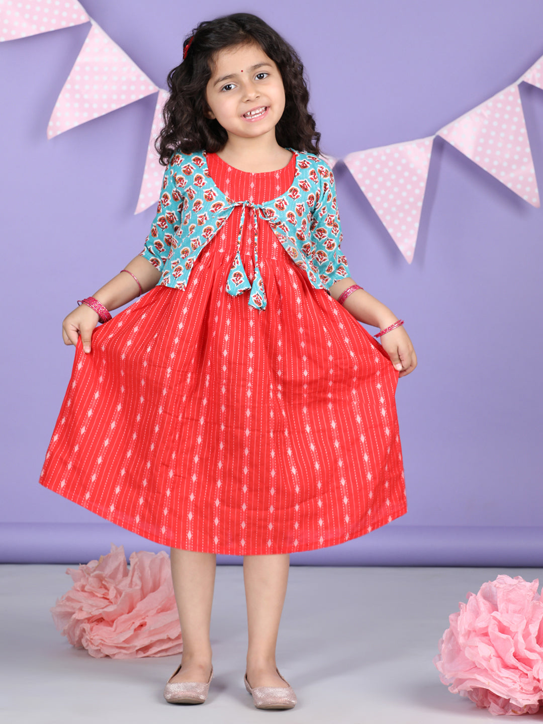Red Sleeveless Dress with Sky 3/4 Sleeve Printed Jacket