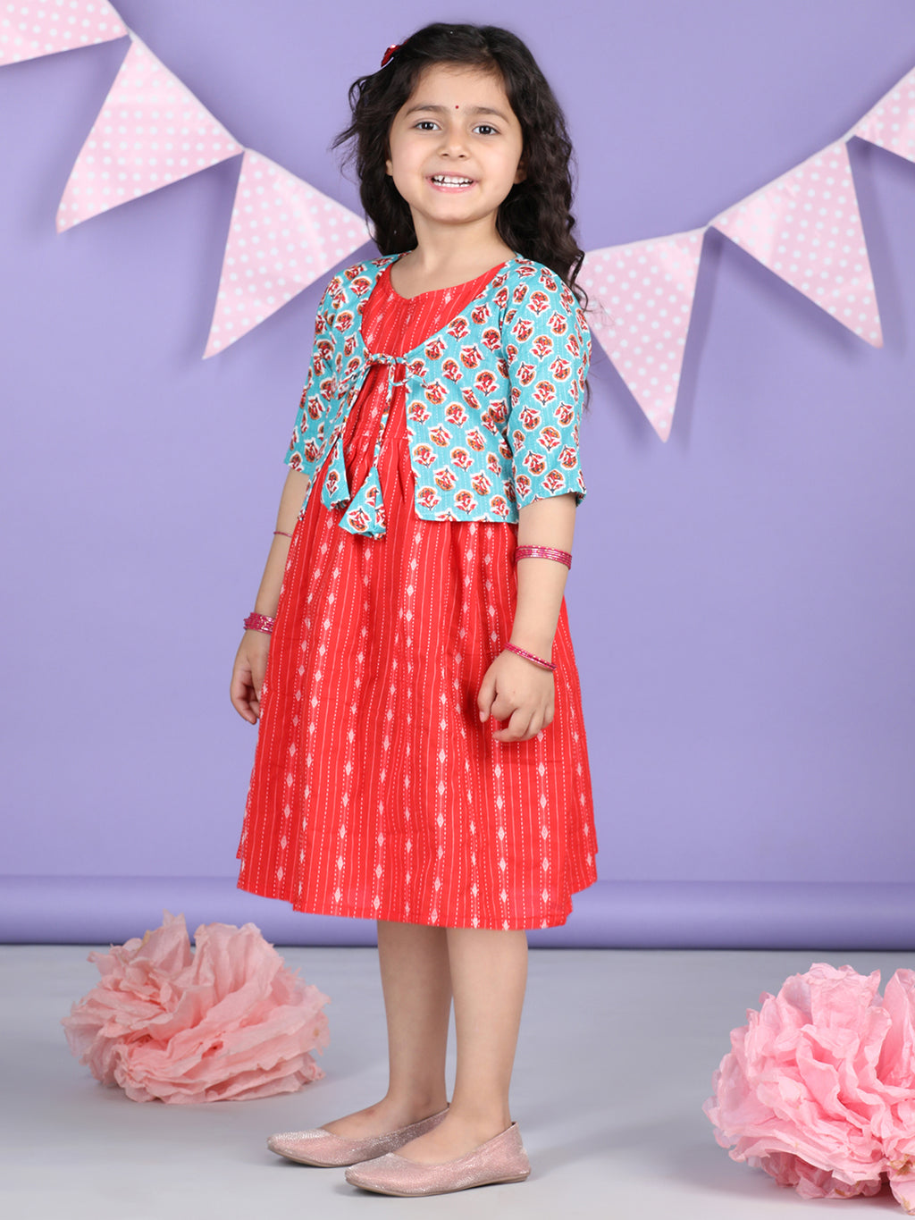 Red Sleeveless Dress with Sky 3/4 Sleeve Printed Jacket
