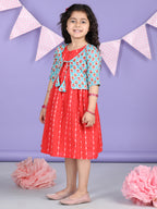 Red Sleeveless Dress with Sky 3/4 Sleeve Printed Jacket