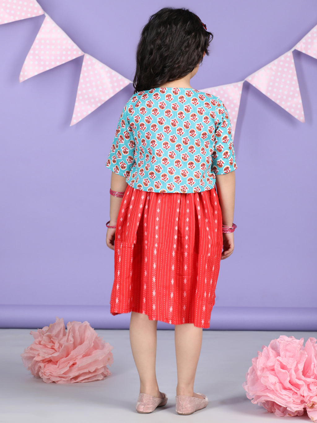 Red Sleeveless Dress with Sky 3/4 Sleeve Printed Jacket