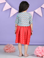 Red Sleeveless Dress with Sky 3/4 Sleeve Printed Jacket