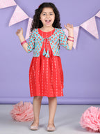 Red Sleeveless Dress with Sky 3/4 Sleeve Printed Jacket
