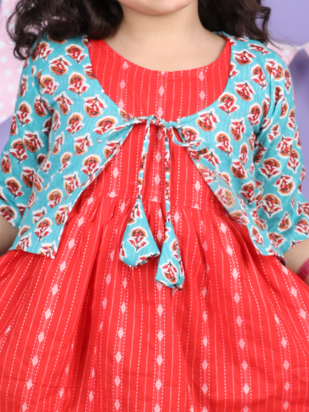 Red Sleeveless Dress with Sky 3/4 Sleeve Printed Jacket