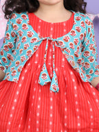 Red Sleeveless Dress with Sky 3/4 Sleeve Printed Jacket