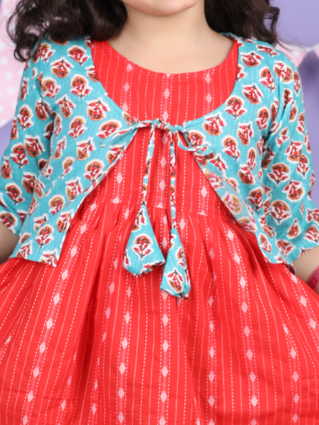 Red Sleeveless Dress with Sky 3/4 Sleeve Printed Jacket