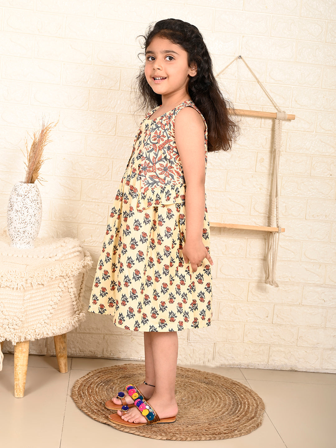 While  Dress with brown printed  jacket