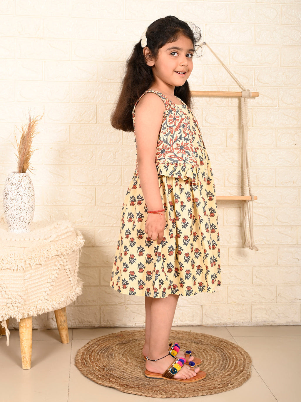 While  Dress with brown printed  jacket