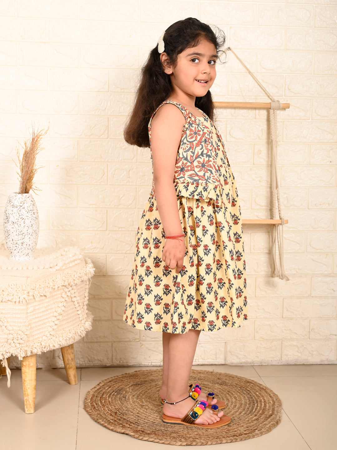 While  Dress with brown printed  jacket