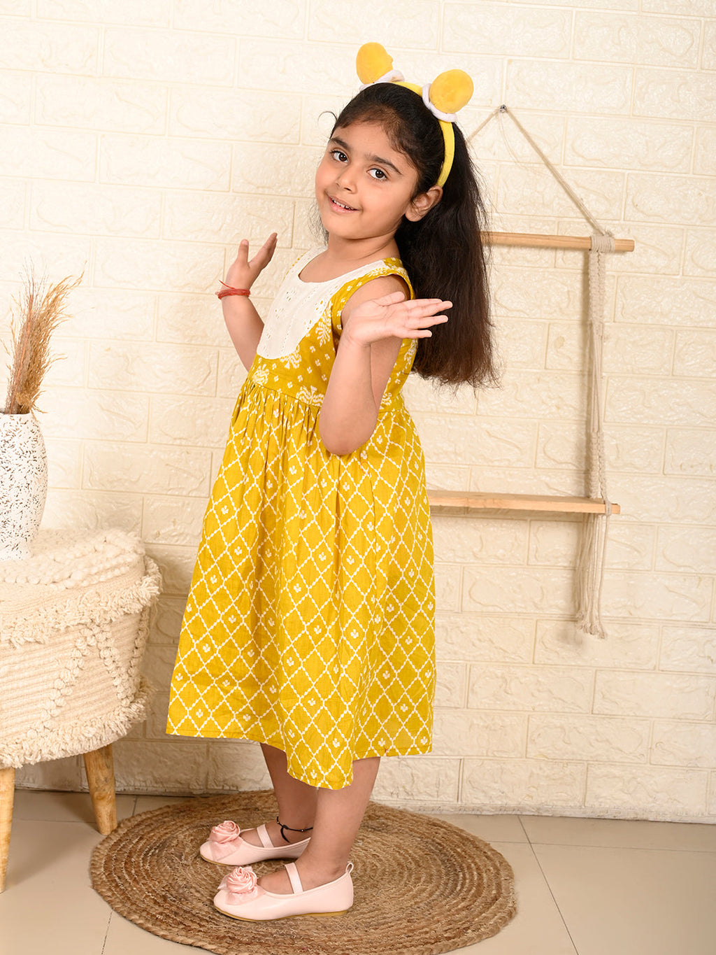 Yellow Sleeveless Dress with white patchwork at neck