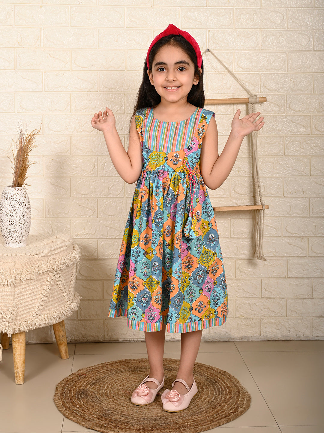 Blue Multi color  dress adjustable at waist