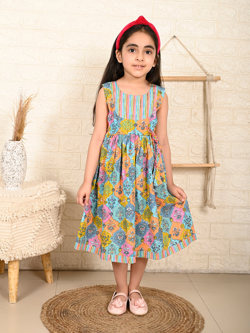 Blue Multi color  dress adjustable at waist