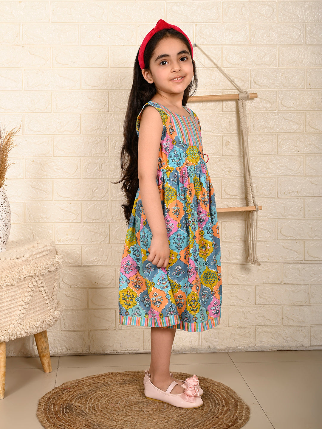 Blue Multi color  dress adjustable at waist