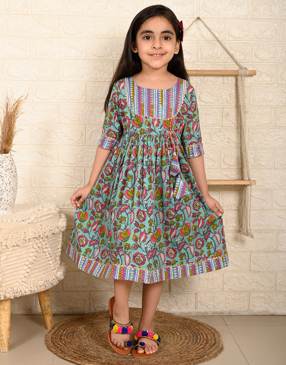 Blue Floral Half Sleeves Dress adjustable at waist